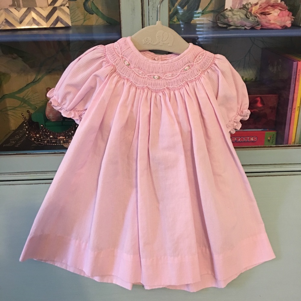 Petit Ami Smocked Dress Roses Pearl 6 Month Pink